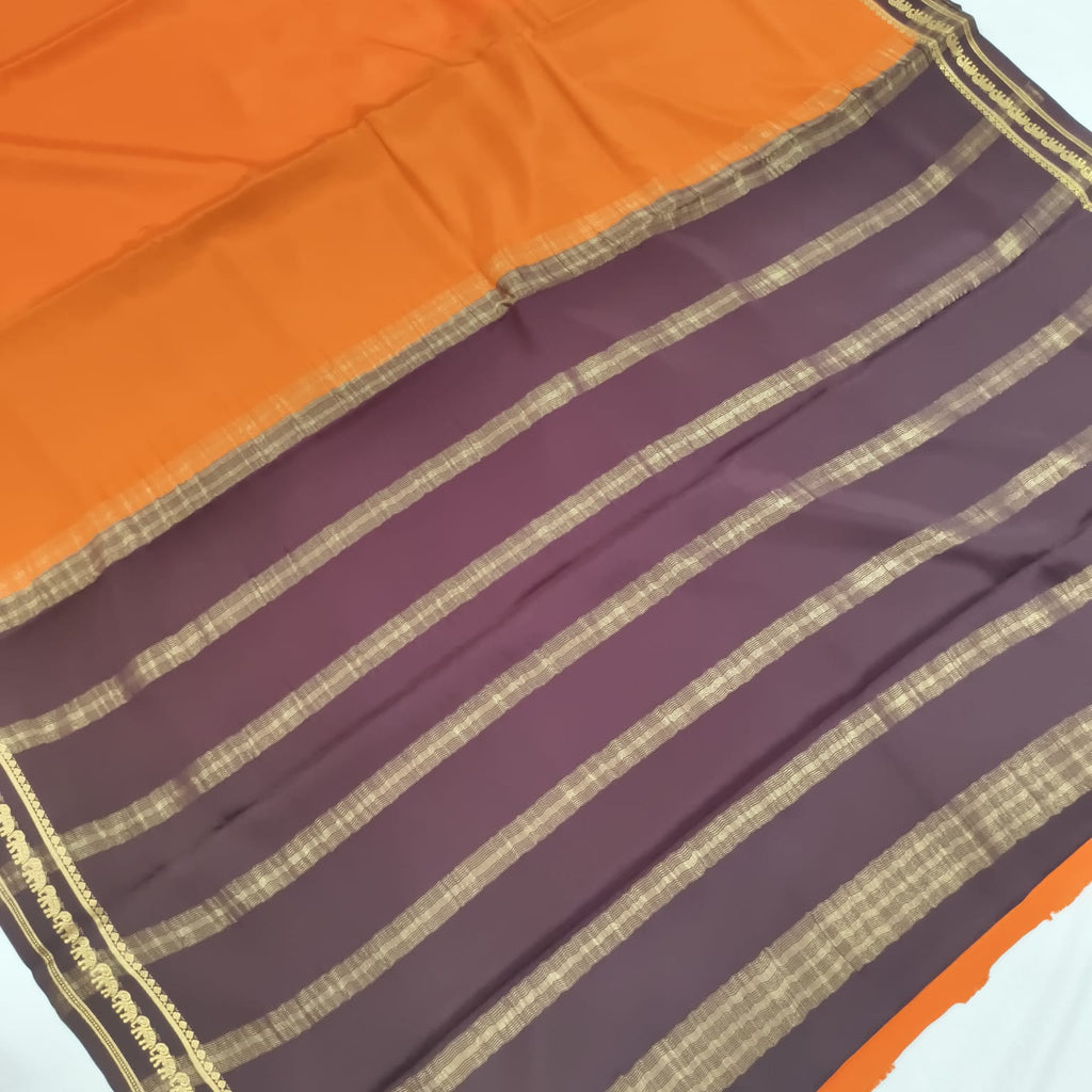 Pure Mysore Crepe Silk Saree – Orange with Deep Chocolate Contrast