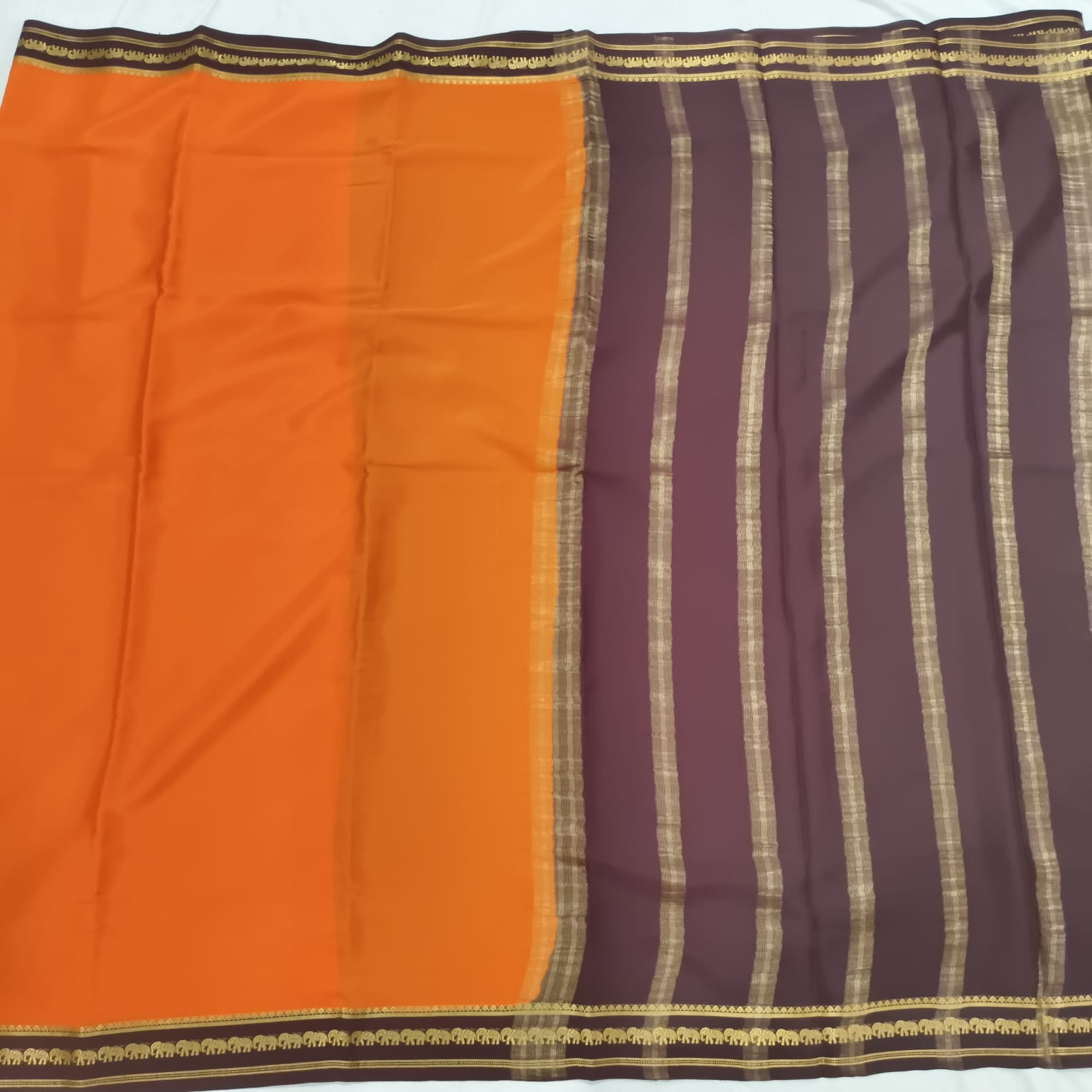 Pure Mysore Crepe Silk Saree – Orange with Deep Chocolate Contrast