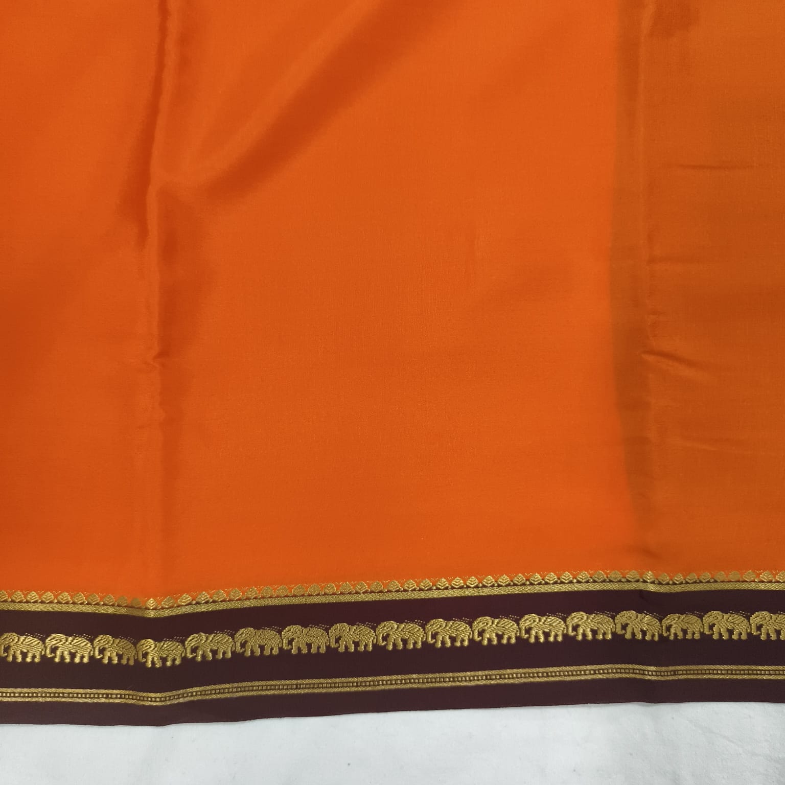 Pure Mysore Crepe Silk Saree – Orange with Deep Chocolate Contrast