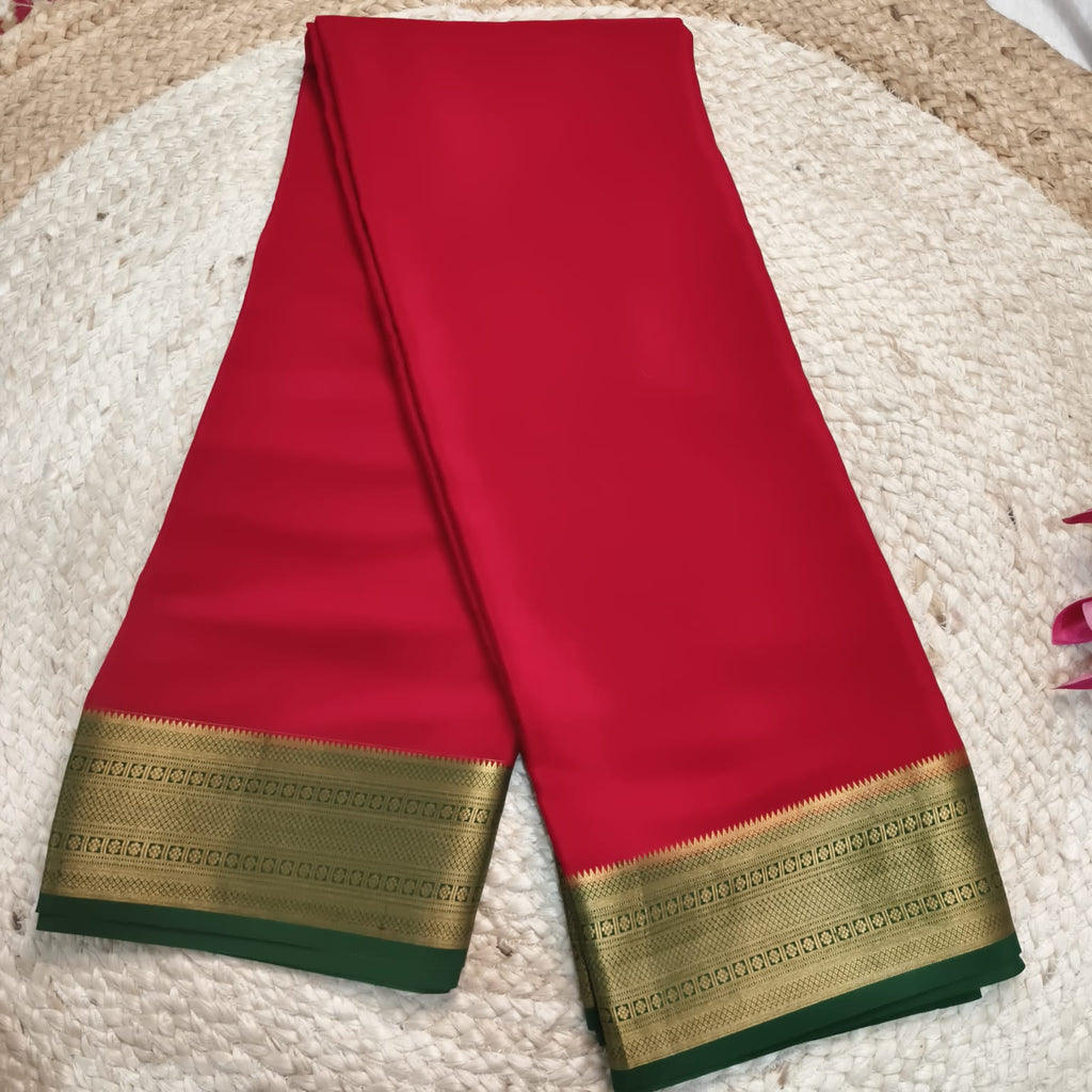 Pure Mysore Crepe Silk Saree – Red with Green Contrast
