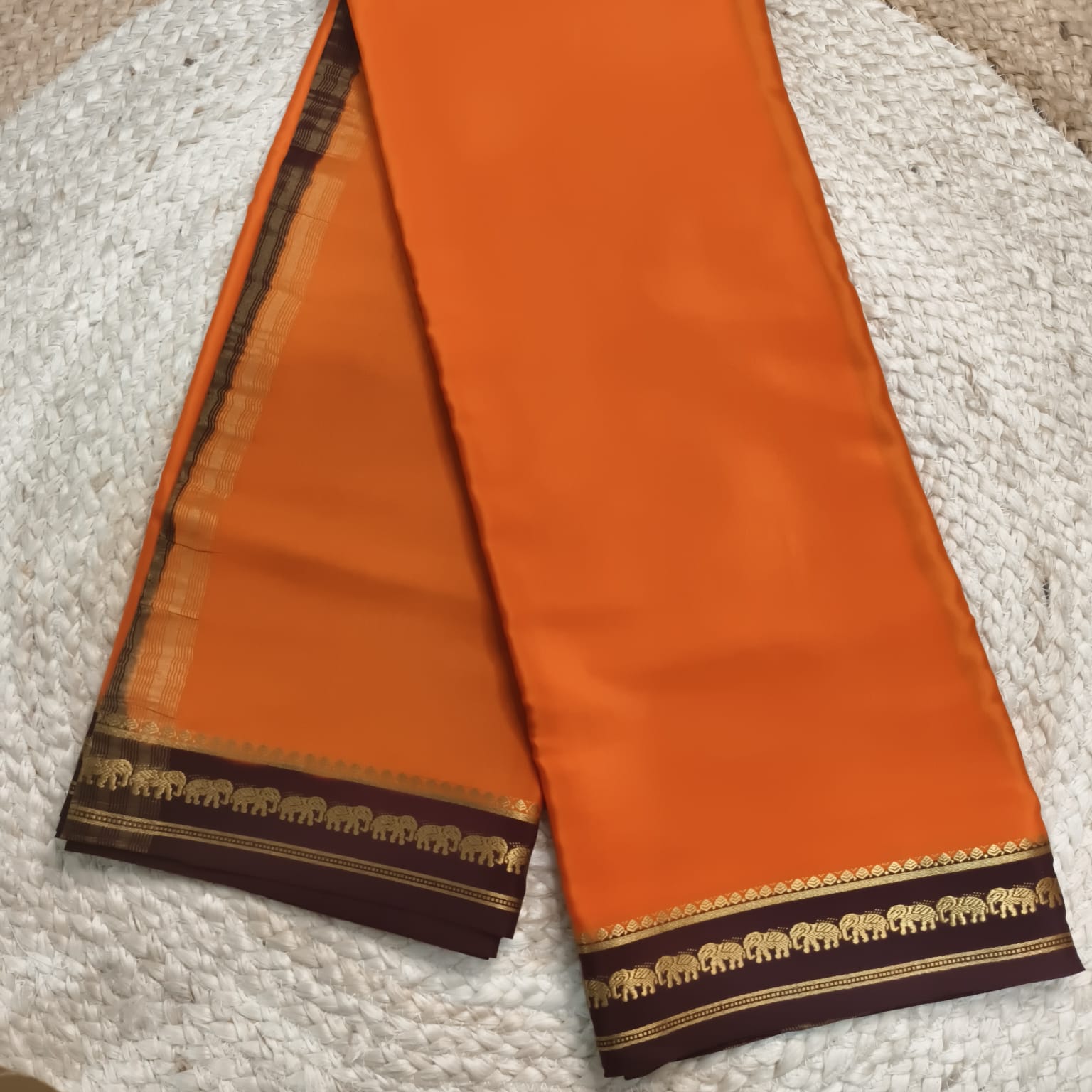 Pure Mysore Crepe Silk Saree – Orange with Deep Chocolate Contrast