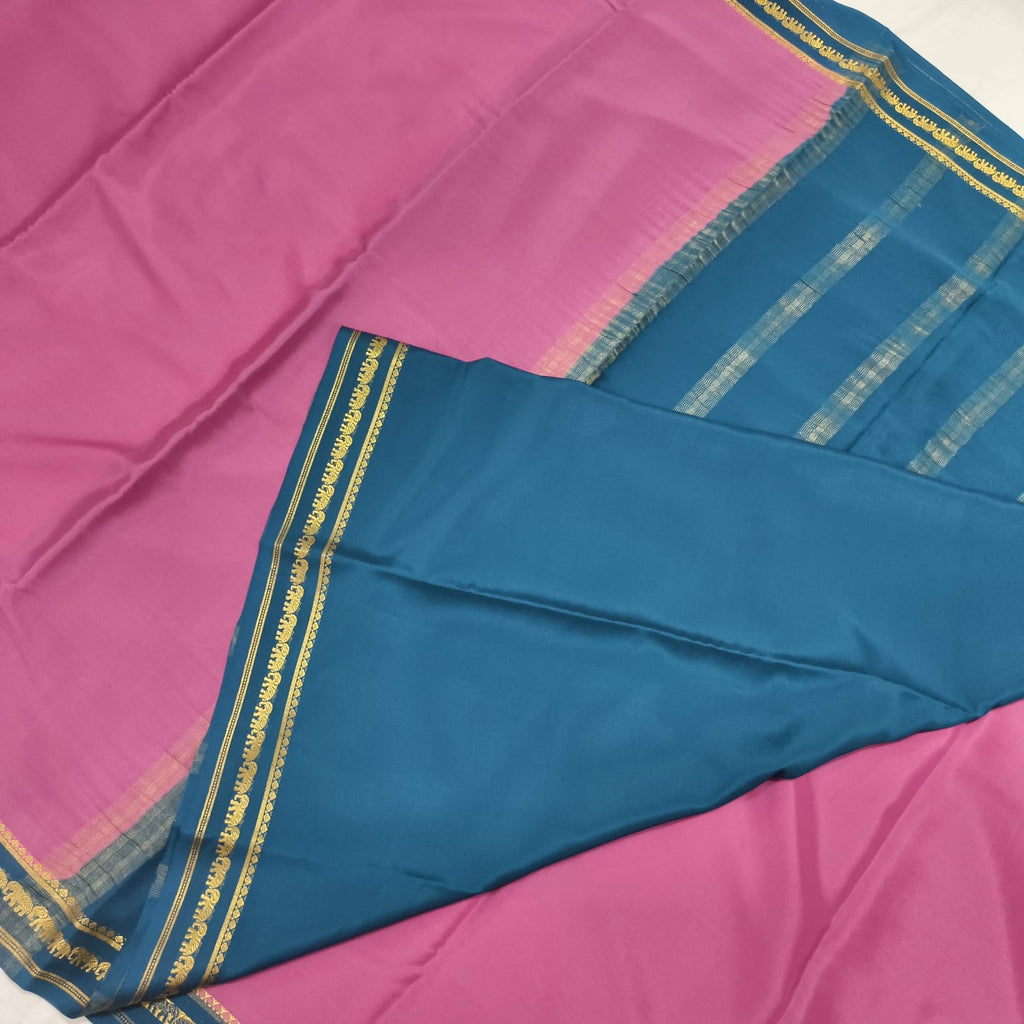 Pure Mysore Crepe Silk Saree – Onion Pink with Peacock Blue Contrast