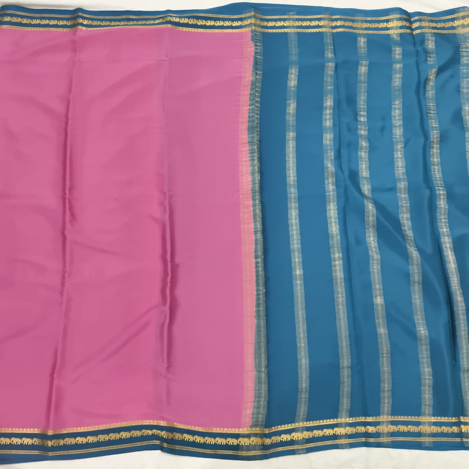 Pure Mysore Crepe Silk Saree – Onion Pink with Peacock Blue Contrast