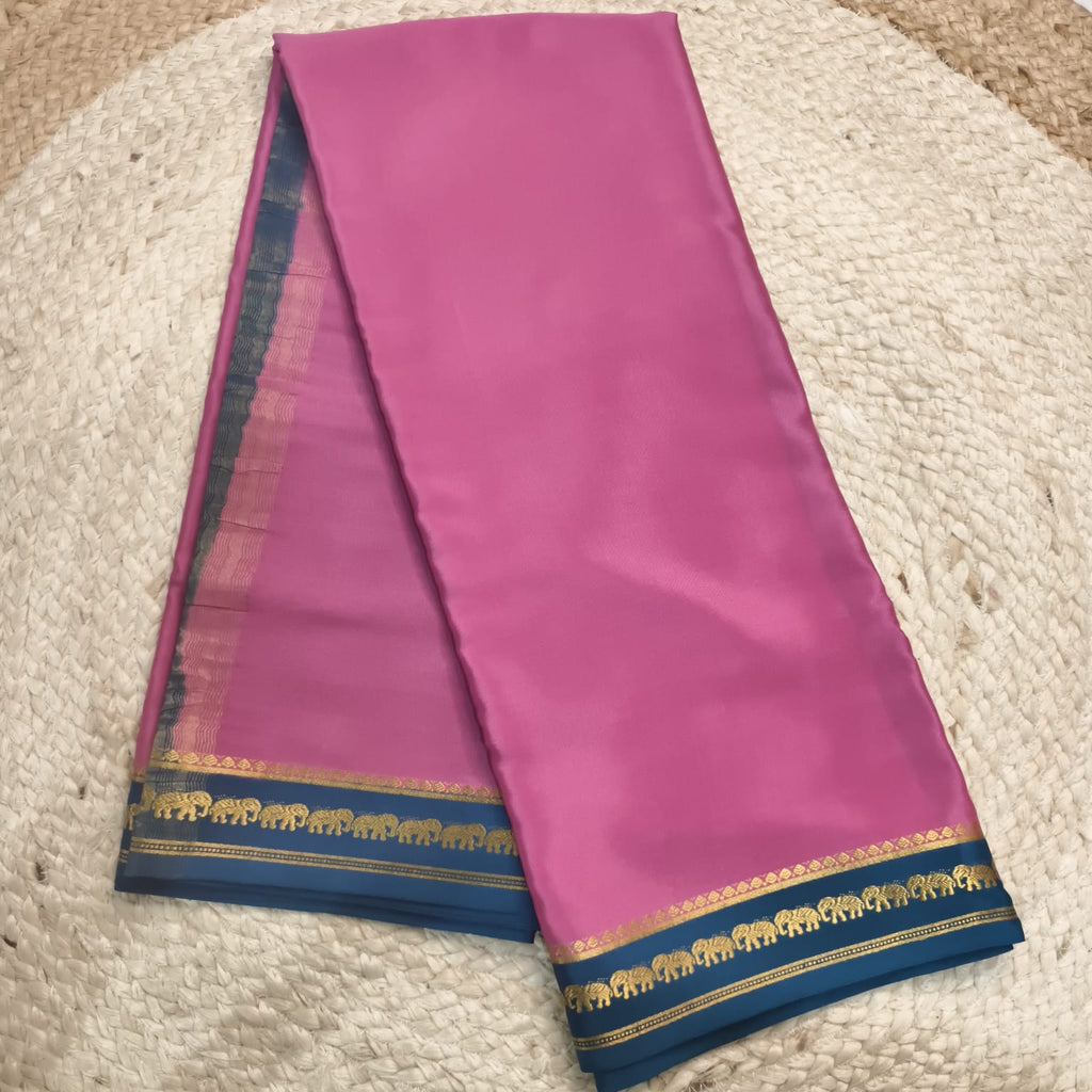 Pure Mysore Crepe Silk Saree – Onion Pink with Peacock Blue Contrast