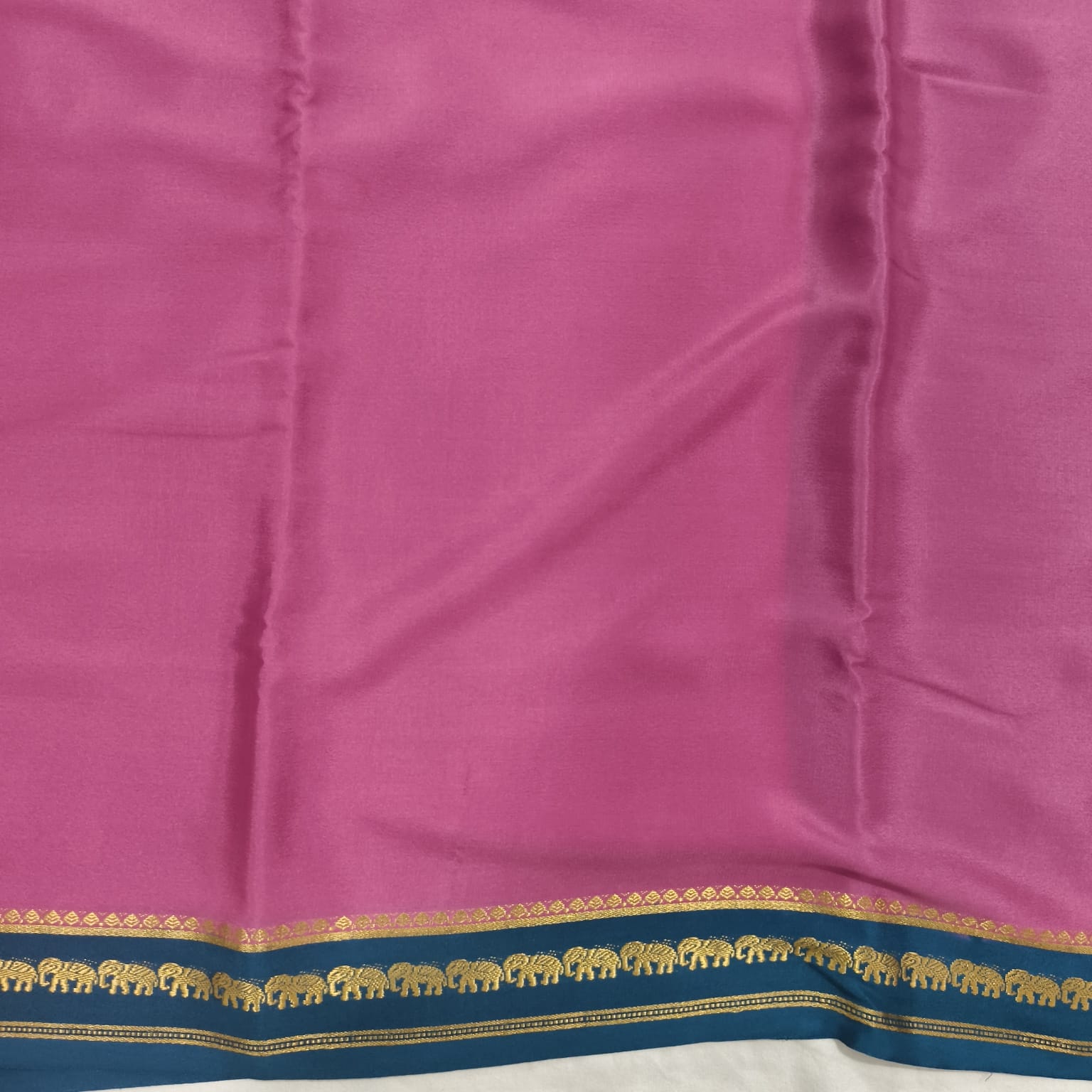 Pure Mysore Crepe Silk Saree – Onion Pink with Peacock Blue Contrast