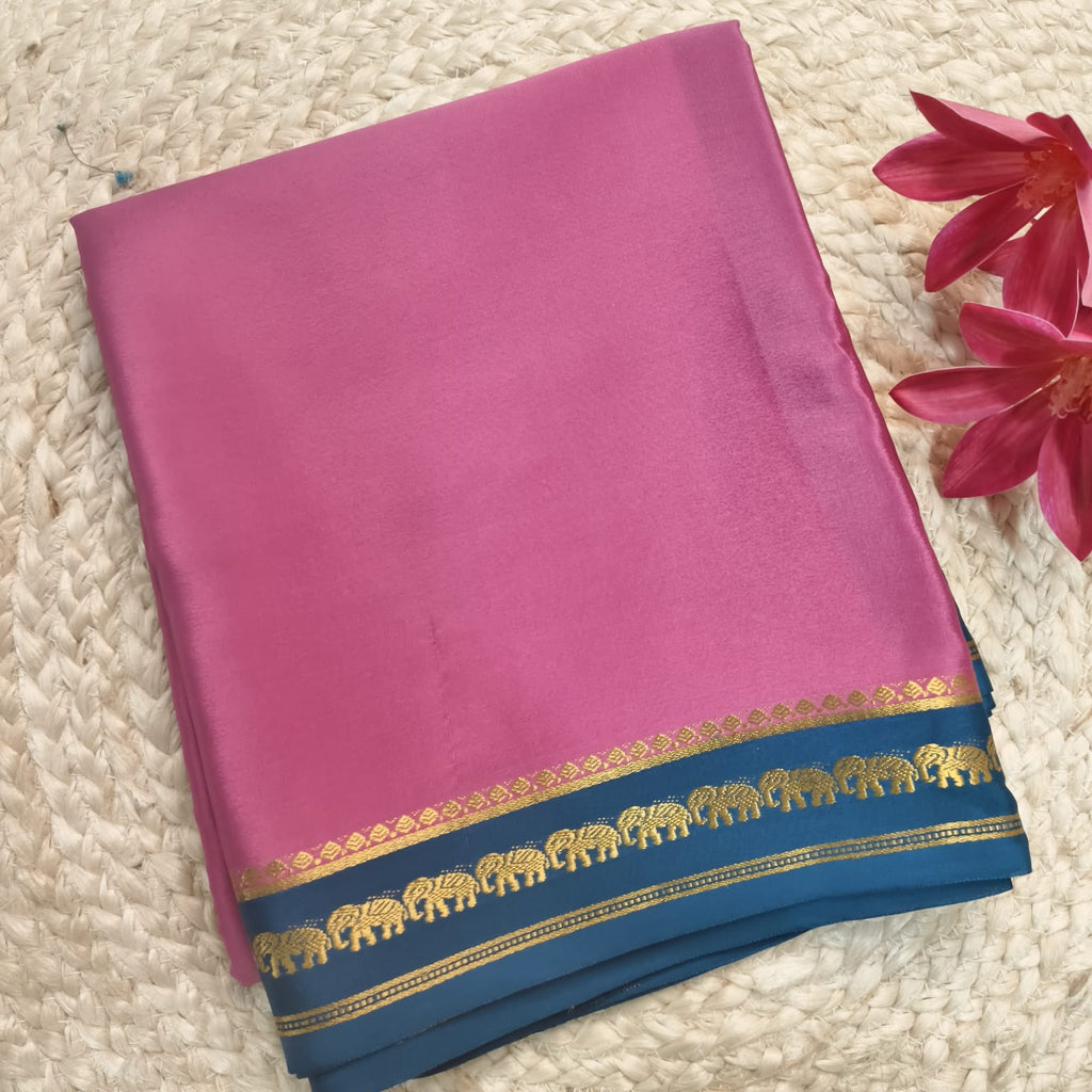 Pure Mysore Crepe Silk Saree – Onion Pink with Peacock Blue Contrast