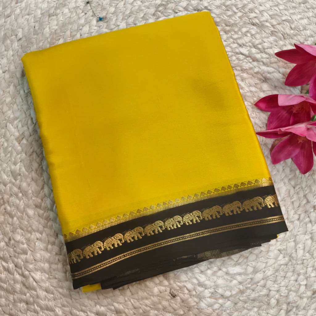 Pure Mysore Crepe Silk Saree – Yellow with Black Contrast