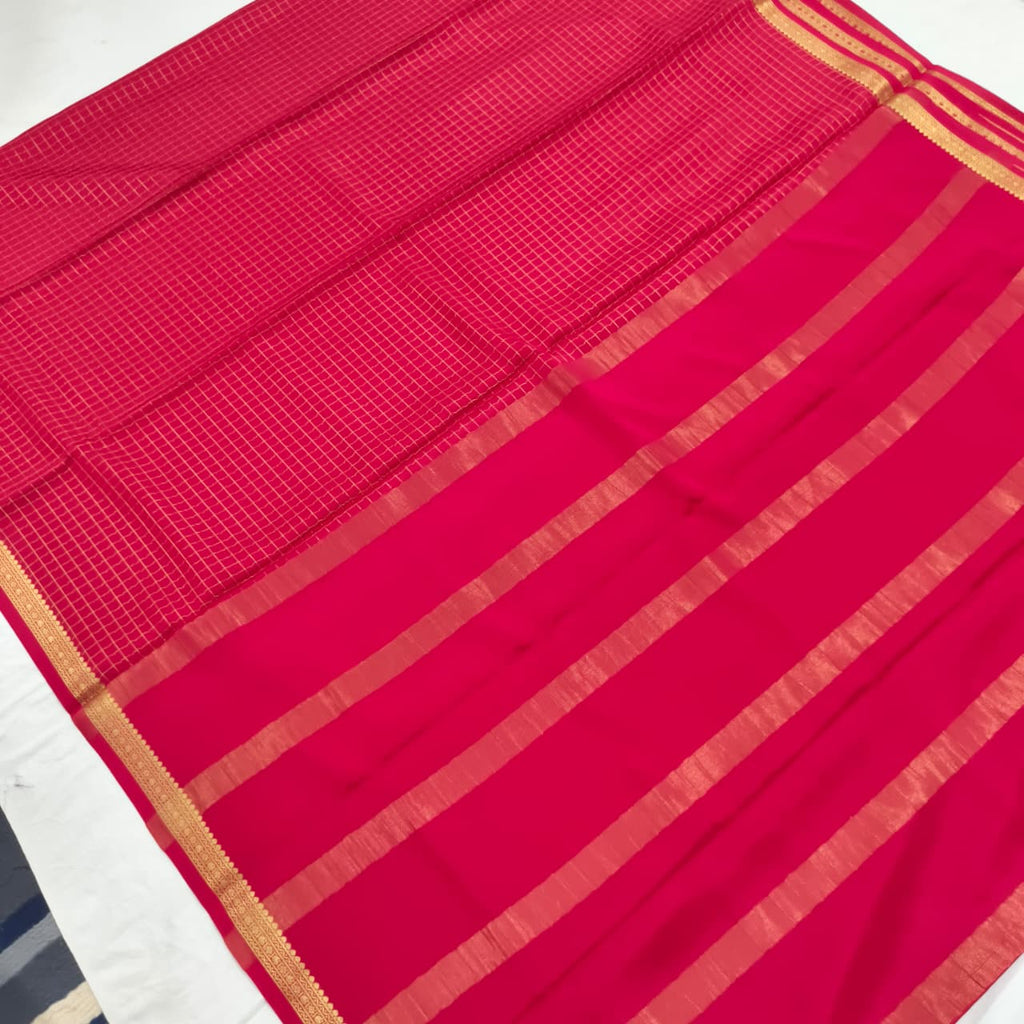 Pure Mysore Crepe Silk Saree – Rani Pink with Small Checks