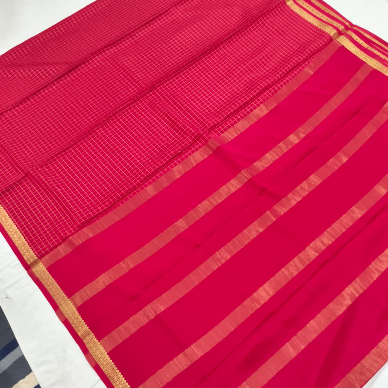 Pure Mysore Crepe Silk Saree – Rani Pink with Small Checks