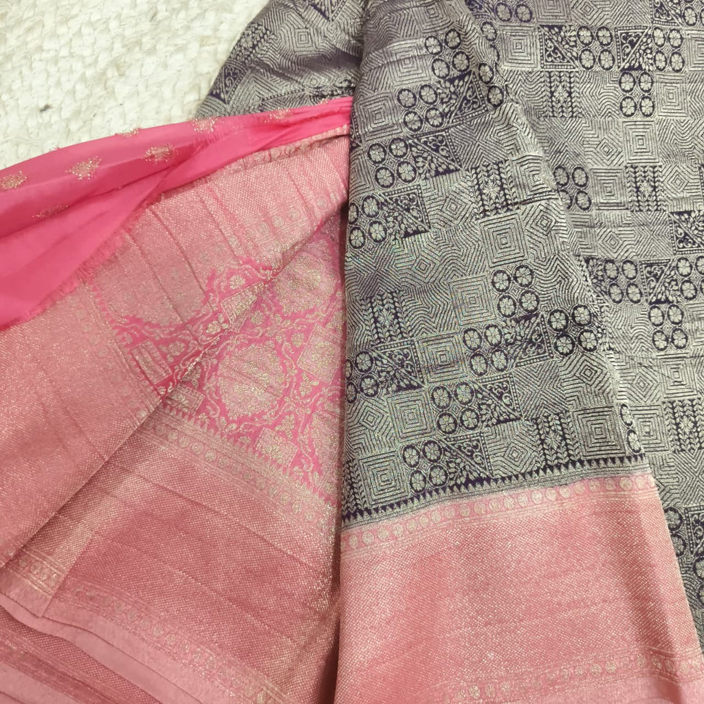 Banarasi Georgette Saree - Deep Wine and Peach Contrast