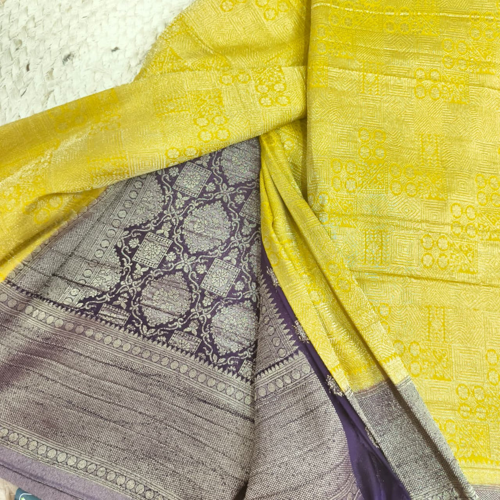 Banarasi Georgette Saree - Yellow and Wine Contrast