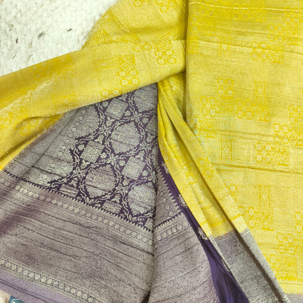 Banarasi Georgette Saree - Yellow and Wine Contrast