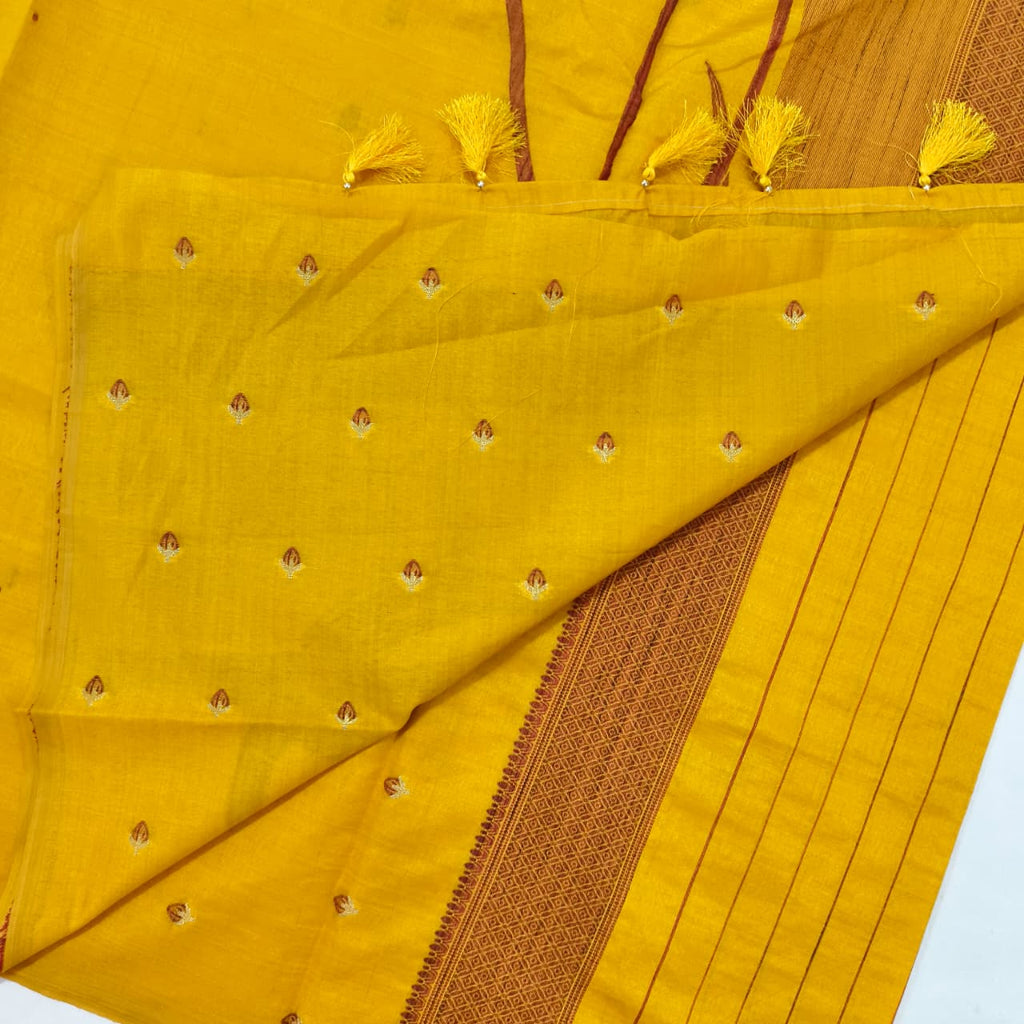 Mustard Yellow Silk Blend Cotton Saree