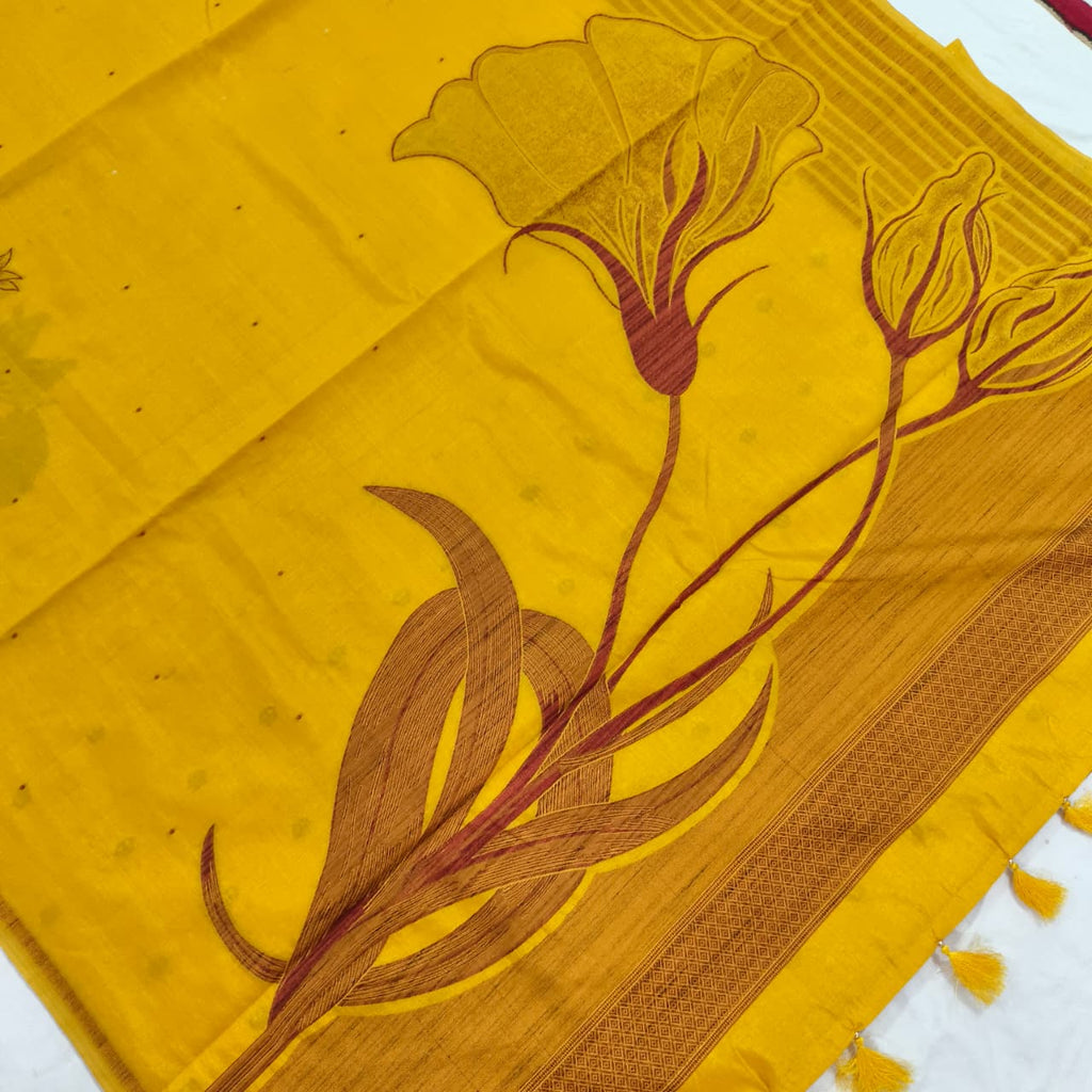 Mustard Yellow Silk Blend Cotton Saree