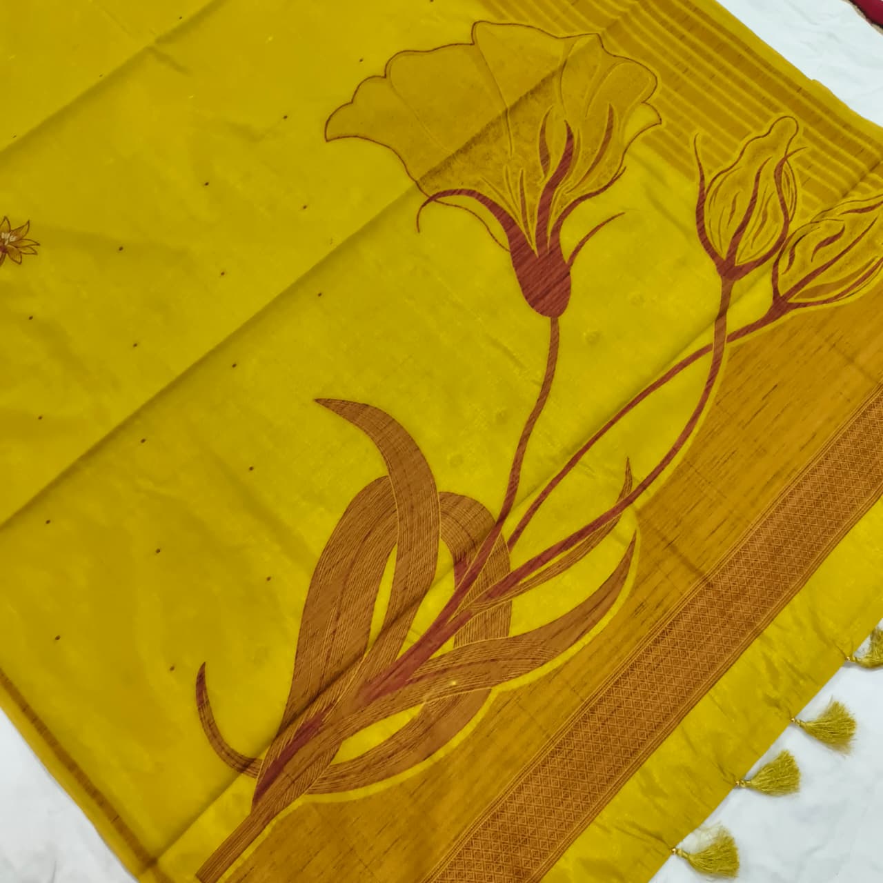 Yellow Silk Blend Cotton Saree