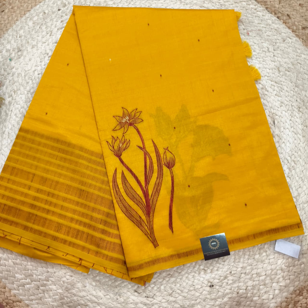 Mustard Yellow Silk Blend Cotton Saree