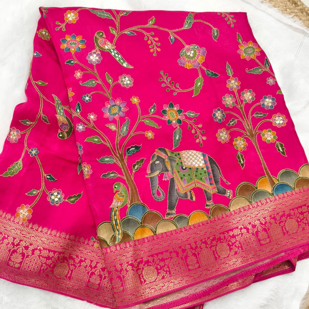 Pashmina Silk Saree with Aari Work- Rani Pink