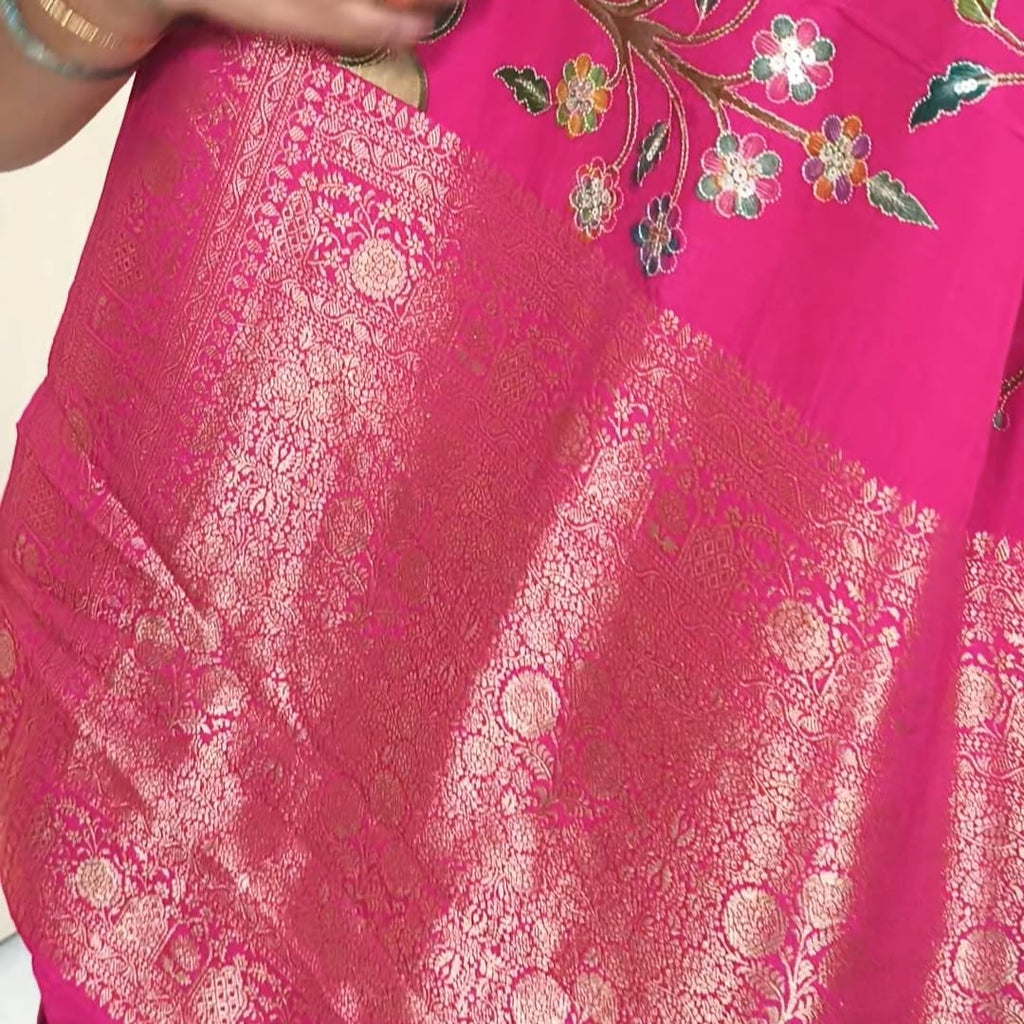 Pashmina Silk Saree with Aari Work- Rani Pink