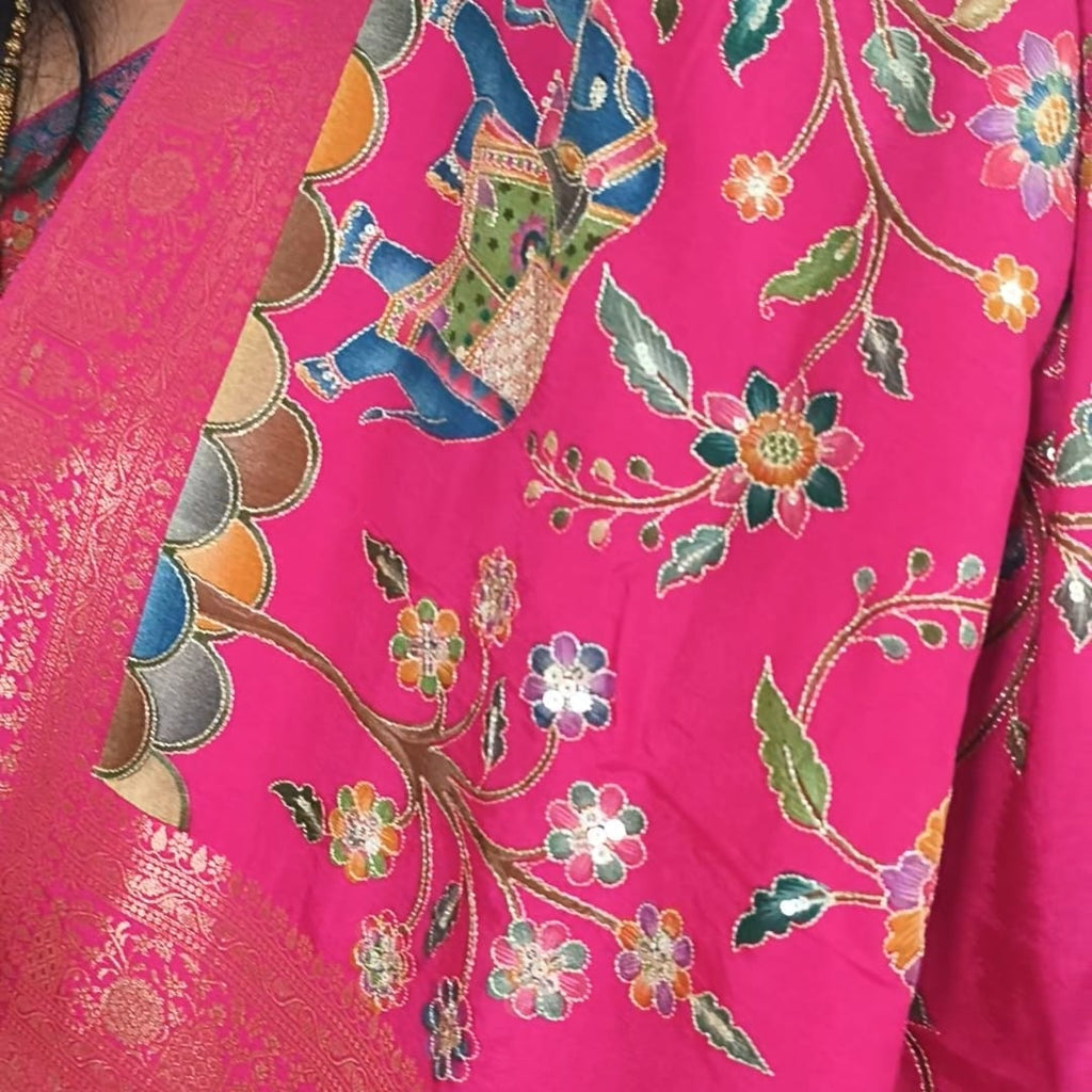 Pashmina Silk Saree with Aari Work- Rani Pink