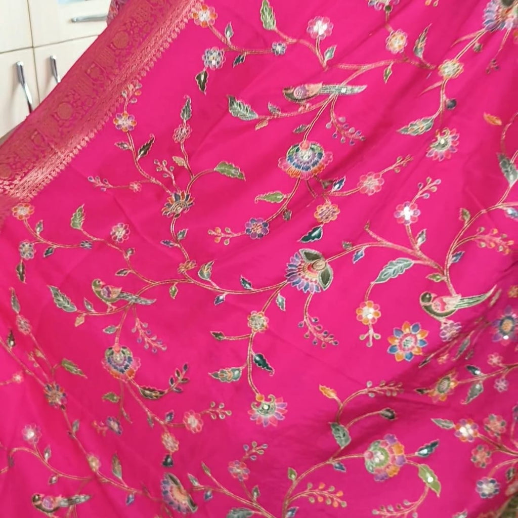 Pashmina Silk Saree with Aari Work- Rani Pink