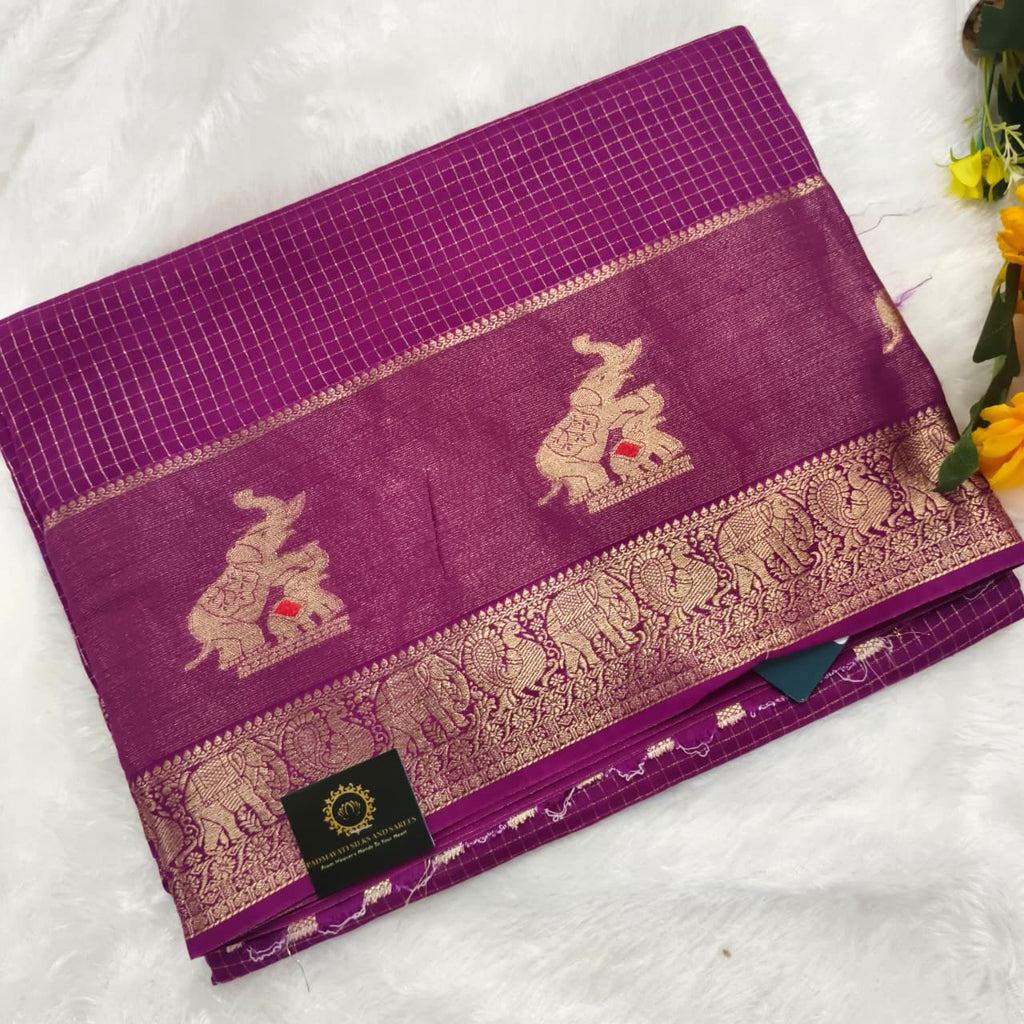 Viscose Saree with Small Checks - Wine Color