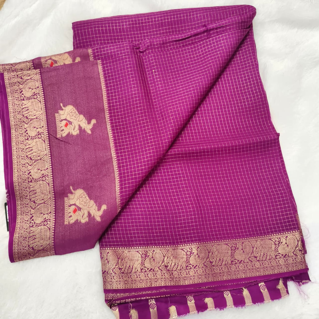 Viscose Saree with Small Checks - Wine Color
