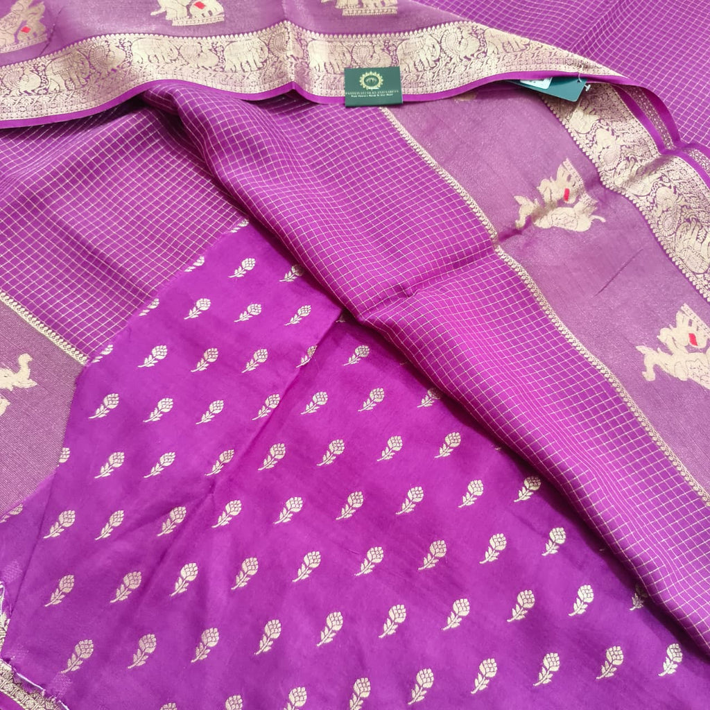 Viscose Saree with Small Checks - Wine Color
