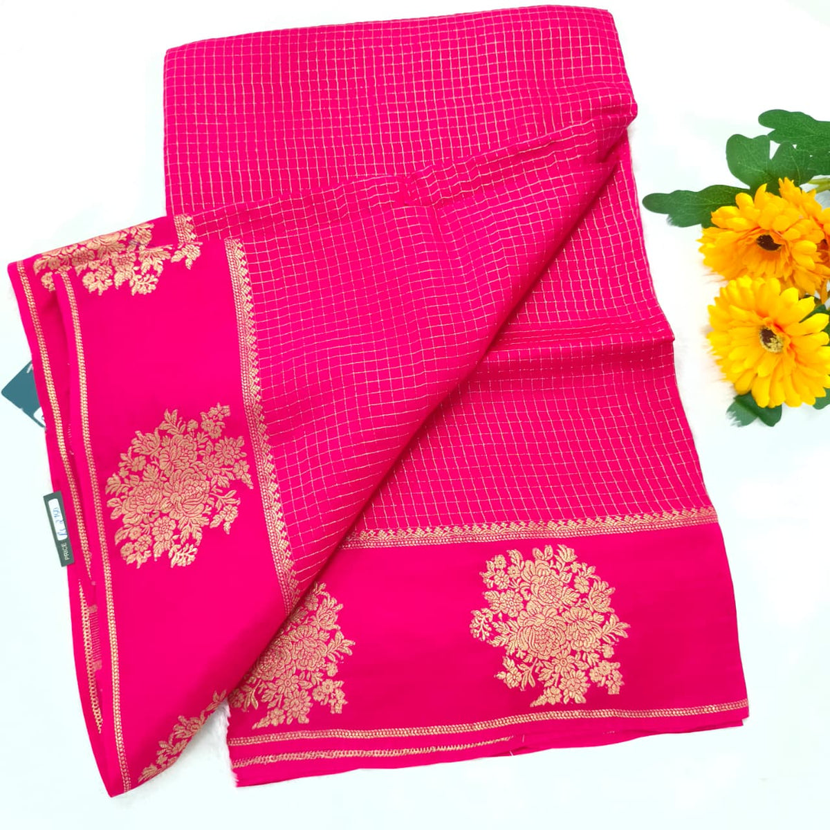 Viscose Saree with Small Checks and Contrast Blouse- Rani Pink