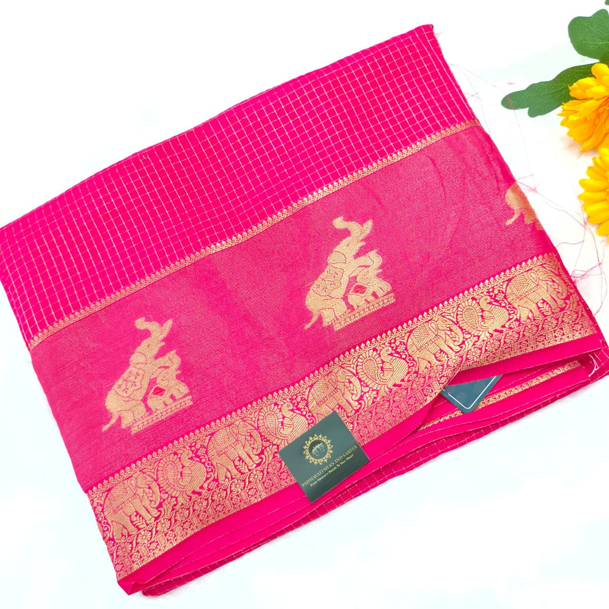 Viscose Saree with Small Checks - Rani Pink