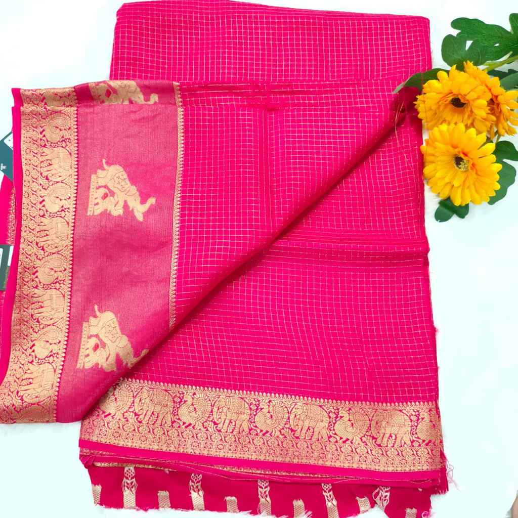 Viscose Saree with Small Checks - Rani Pink