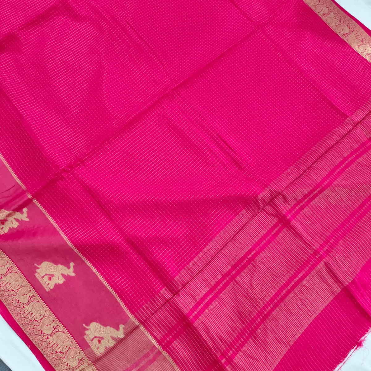 Viscose Saree with Small Checks - Rani Pink