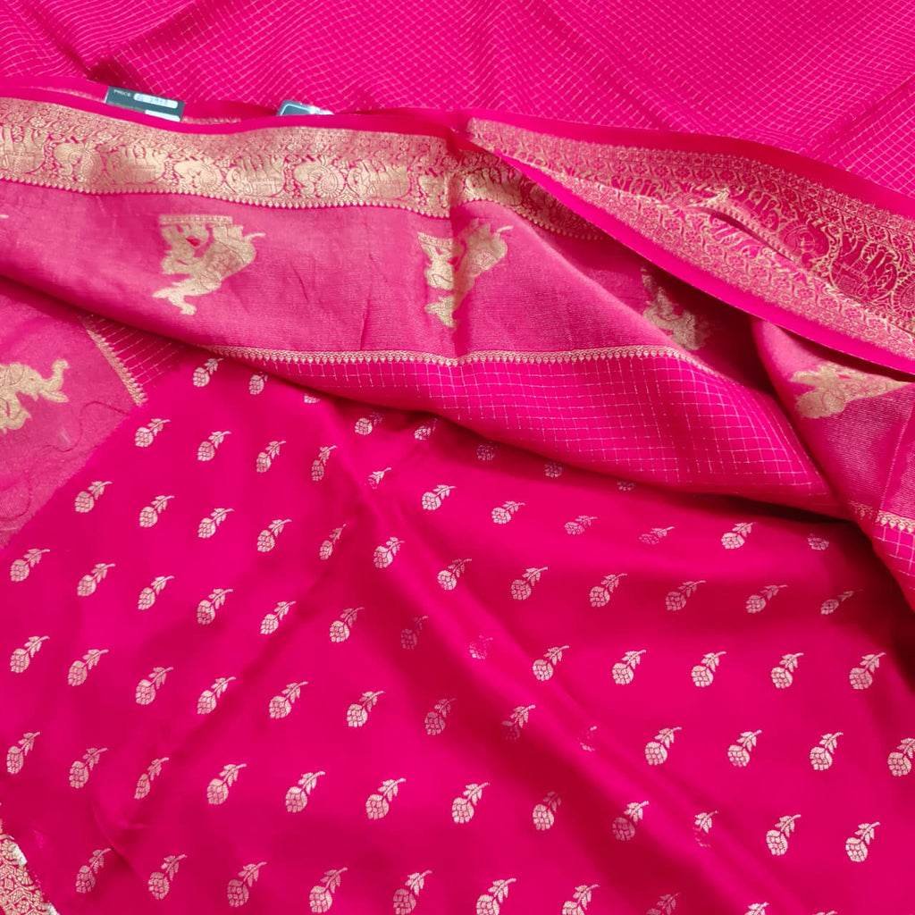 Viscose Saree with Small Checks - Rani Pink