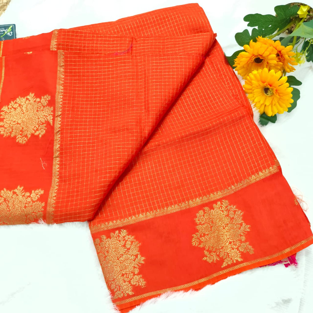 Viscose Saree with Small Checks and Contrast Blouse- Orange