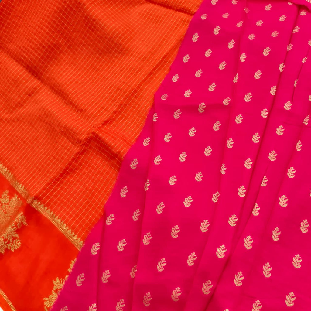 Viscose Saree with Small Checks and Contrast Blouse- Orange