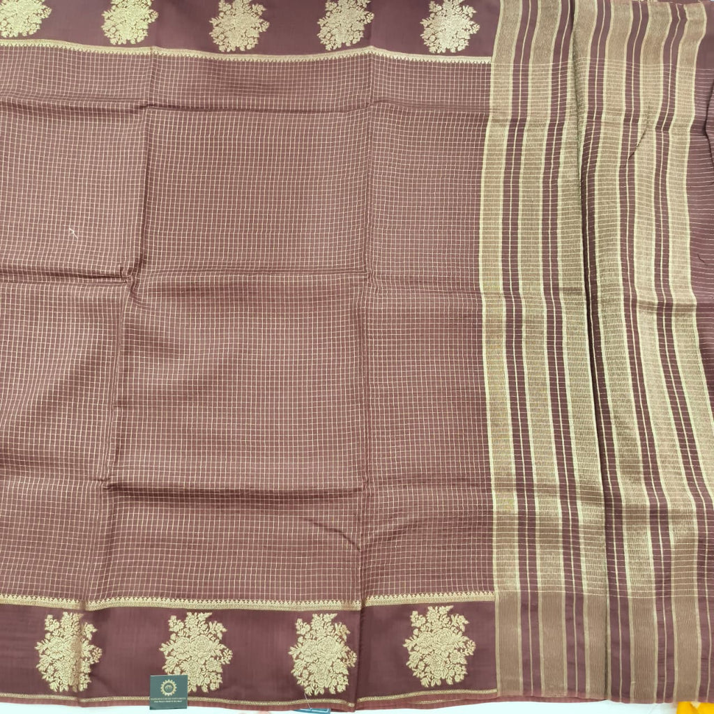 Viscose Saree with Small Checks and Contrast Blouse- Coffee Brown