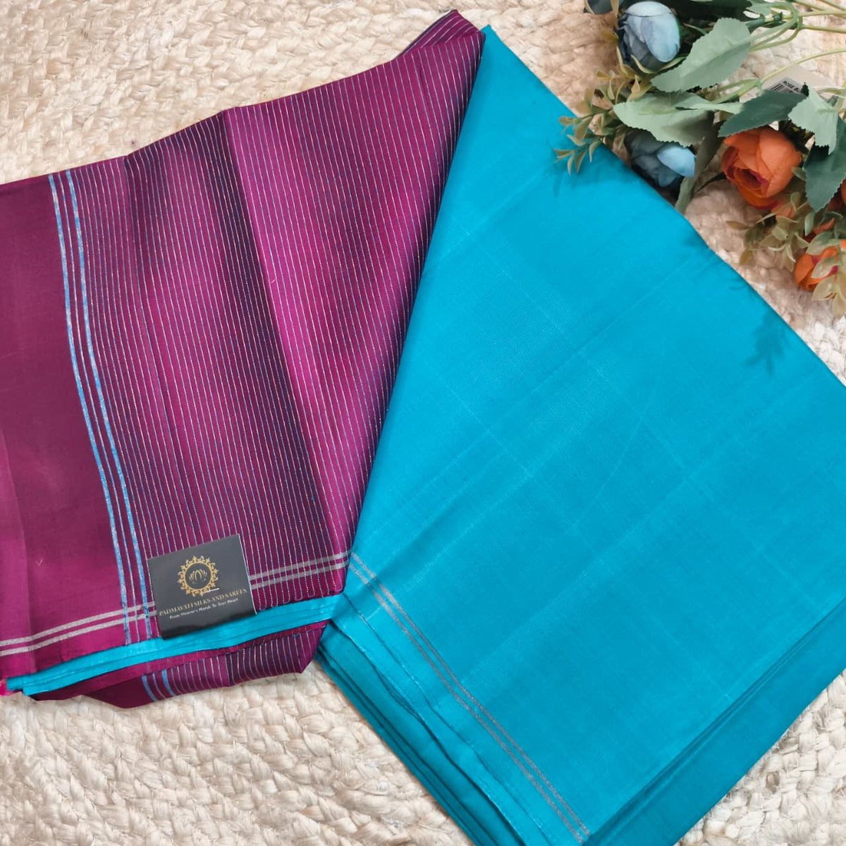 Pure Kanchi Soft Silk Saree – Light Blue and Wine Color Contrast