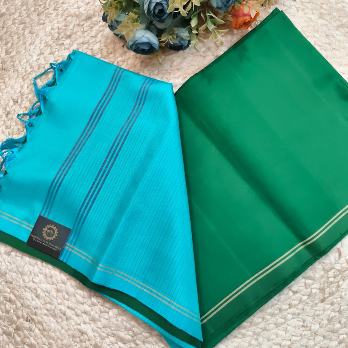 Pure Kanchi Soft Silk Saree – Green and Light Blue Contrast