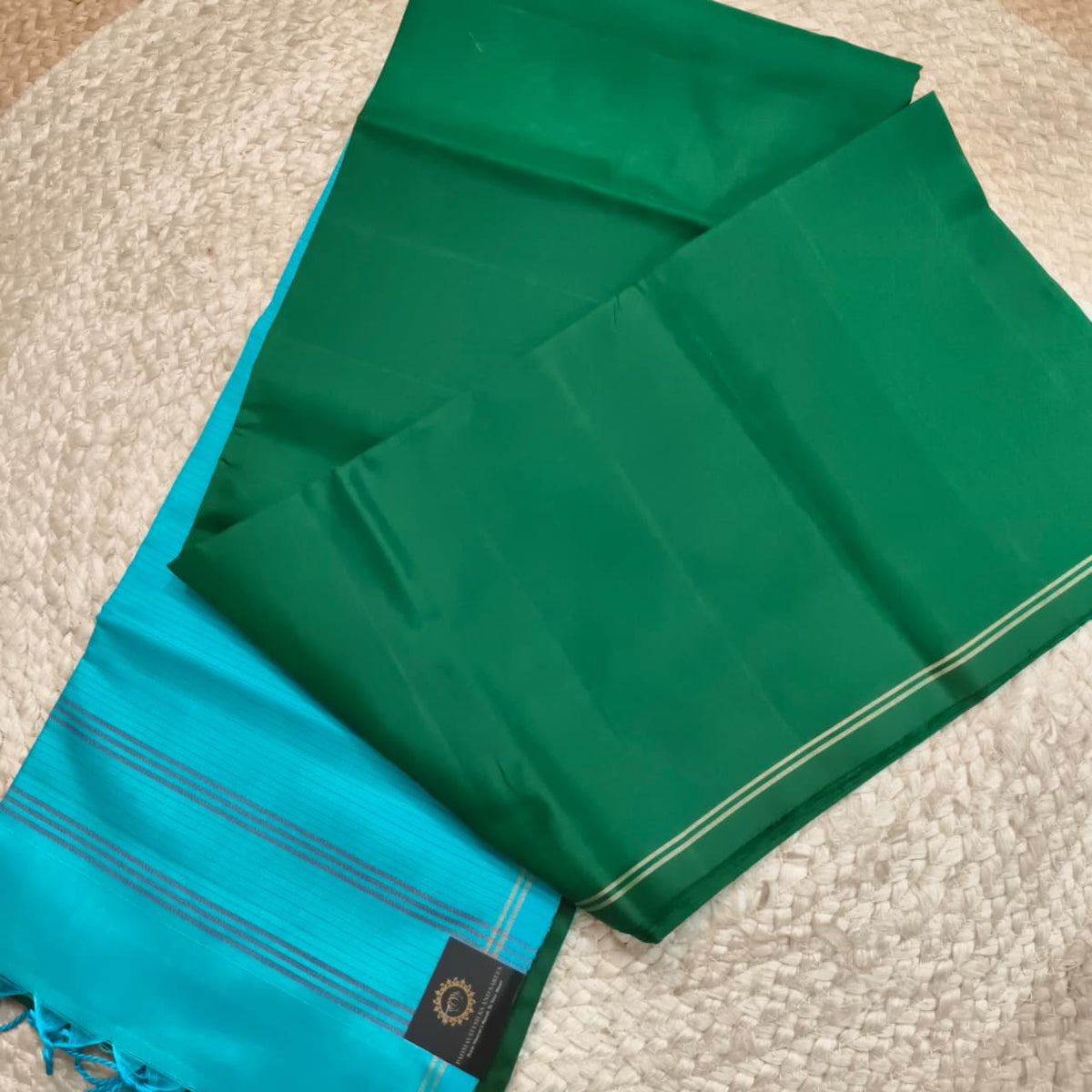 Pure Kanchi Soft Silk Saree – Green and Light Blue Contrast