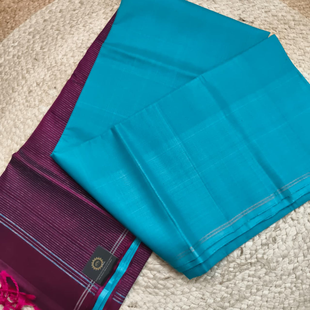 Pure Kanchi Soft Silk Saree – Light Blue and Wine Color Contrast