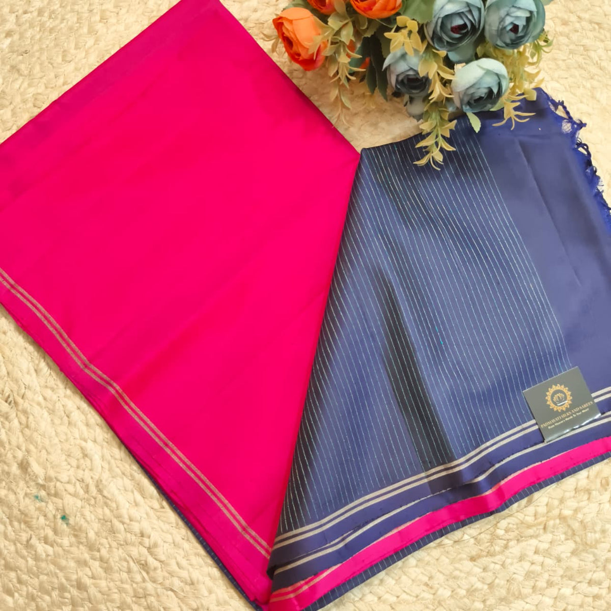 Pure Kanchi Soft Silk Saree – Pink and Navy Blue Contrast