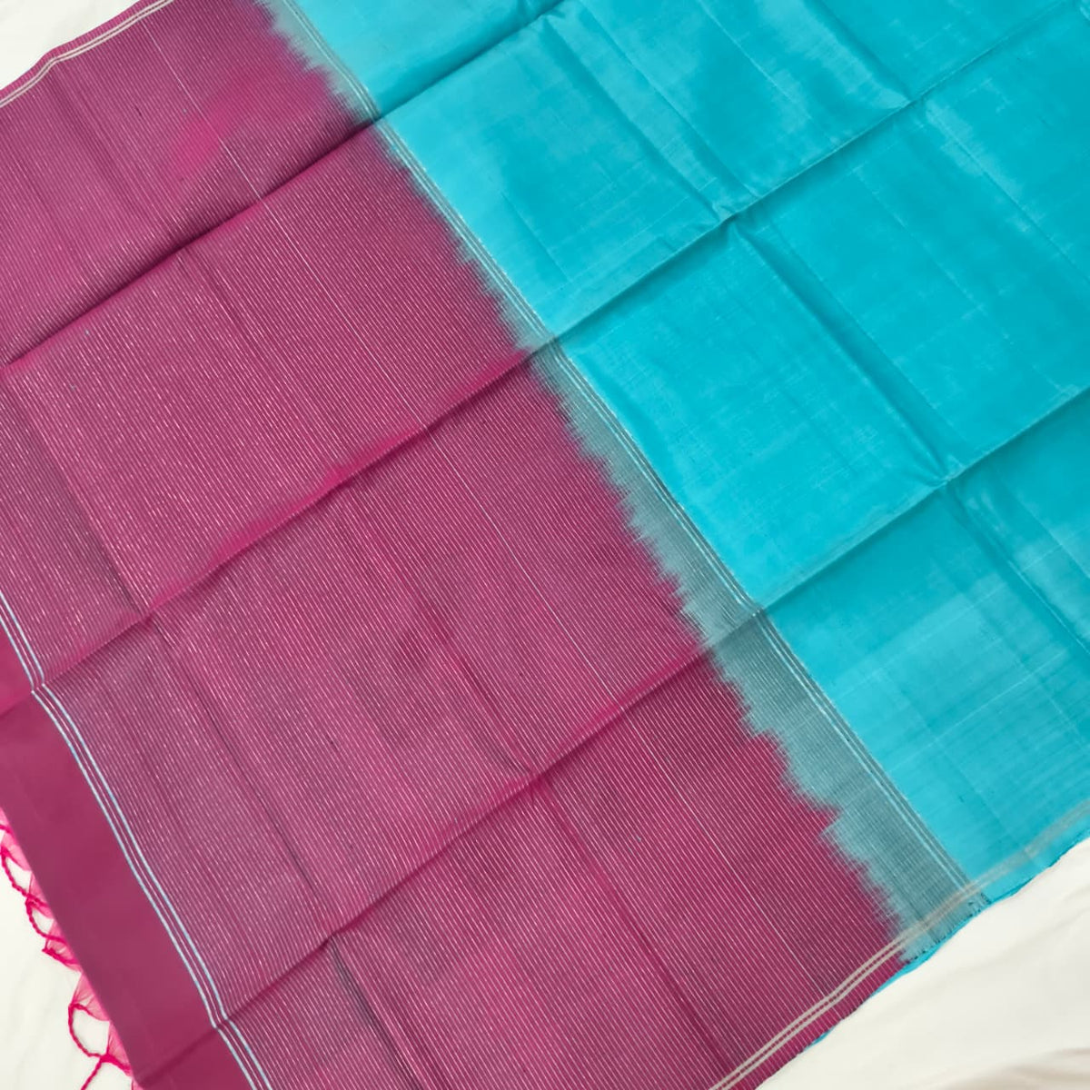 Pure Kanchi Soft Silk Saree – Light Blue and Wine Color Contrast