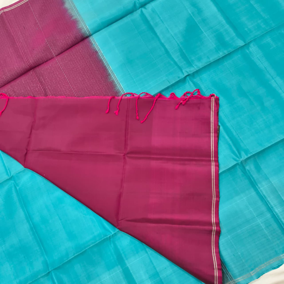 Pure Kanchi Soft Silk Saree – Light Blue and Wine Color Contrast