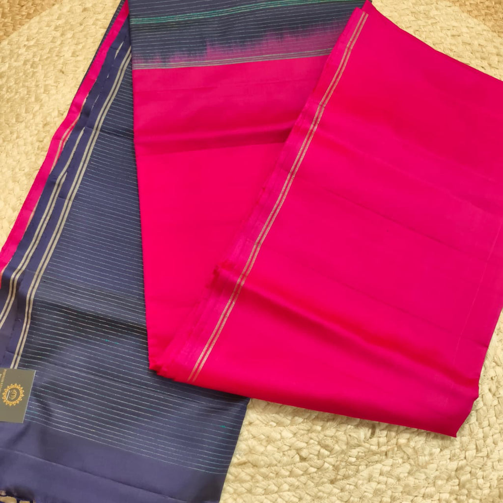 Pure Kanchi Soft Silk Saree – Pink and Navy Blue Contrast