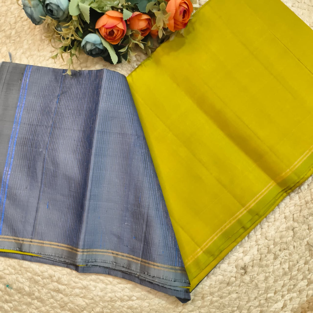 Pure Kanchi Soft Silk Saree – Olive Green and Grey Contrast