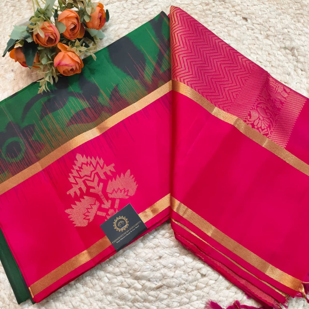 Pochampally Pure Soft Silk Saree – Green and Pink Contrast