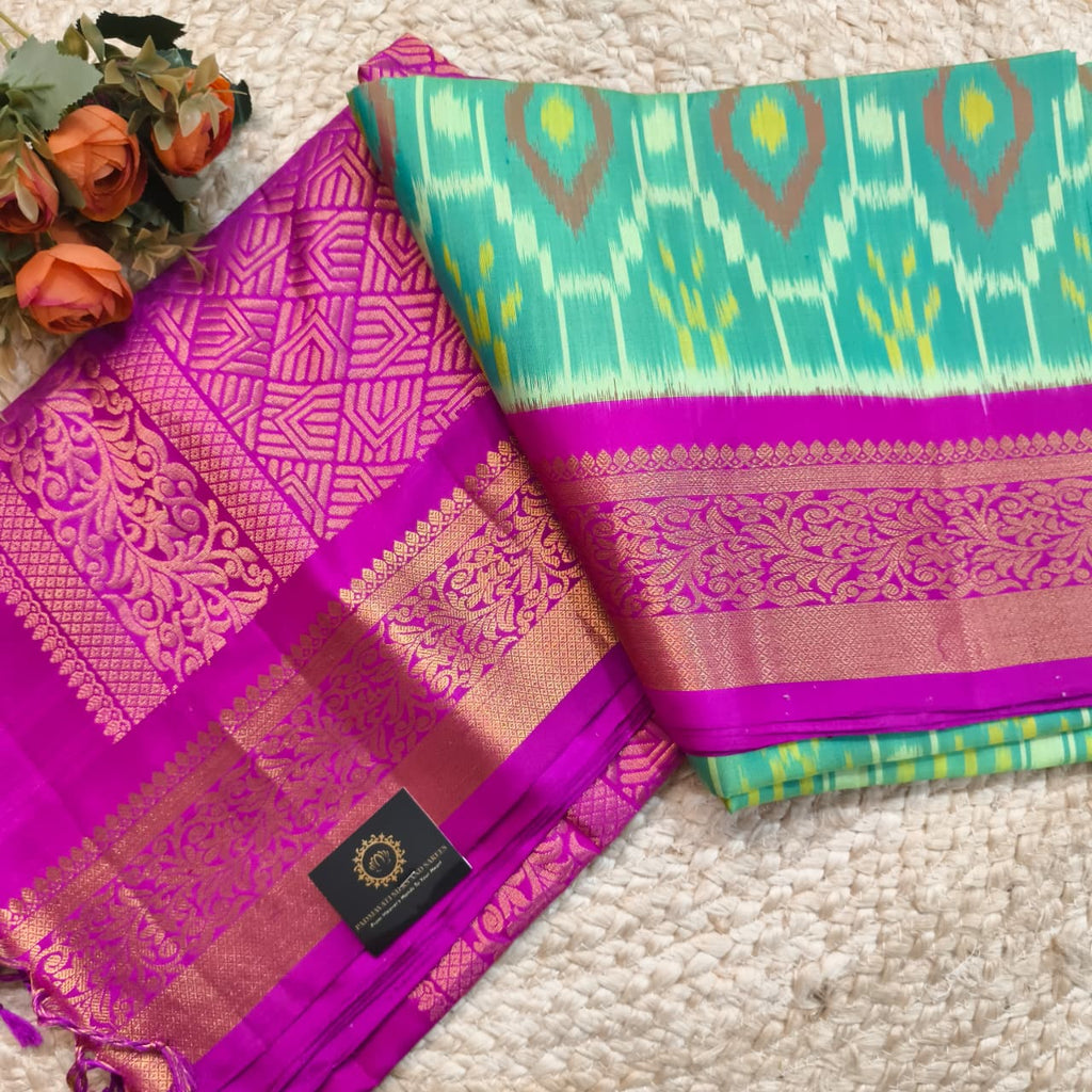 Pochampally Pure Soft Silk Saree – Sea Green and Magenta Contrast