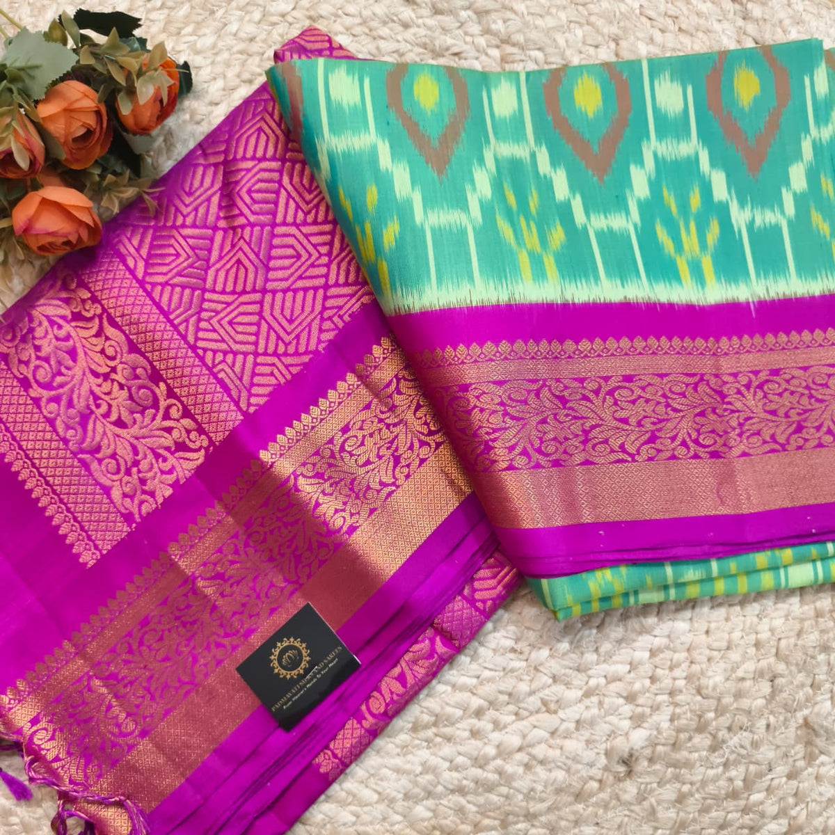 Pochampally Pure Soft Silk Saree – Sea Green and Magenta Contrast