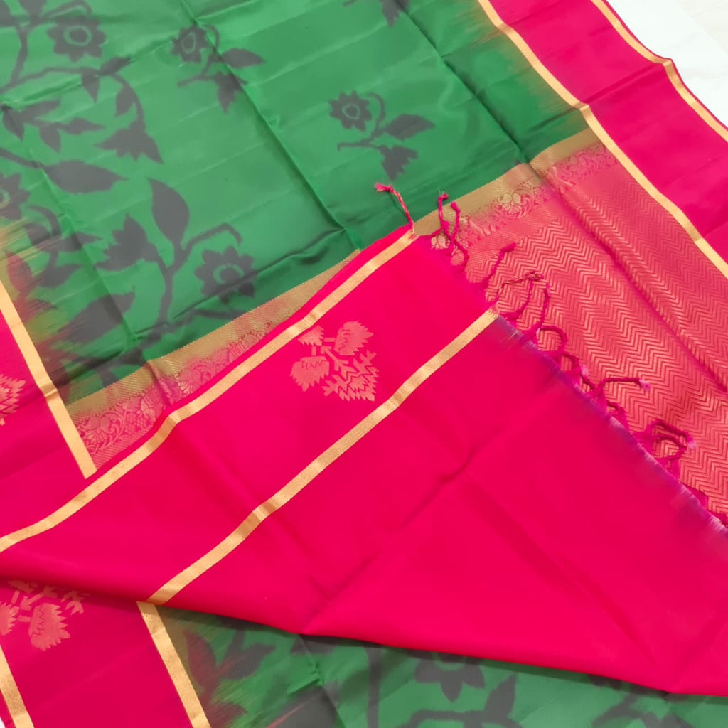 Pochampally Pure Soft Silk Saree – Green and Pink Contrast