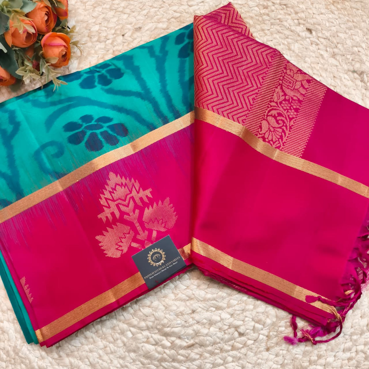 Pochampally Pure Soft Silk Saree – Blue and Rani Pink Contrast