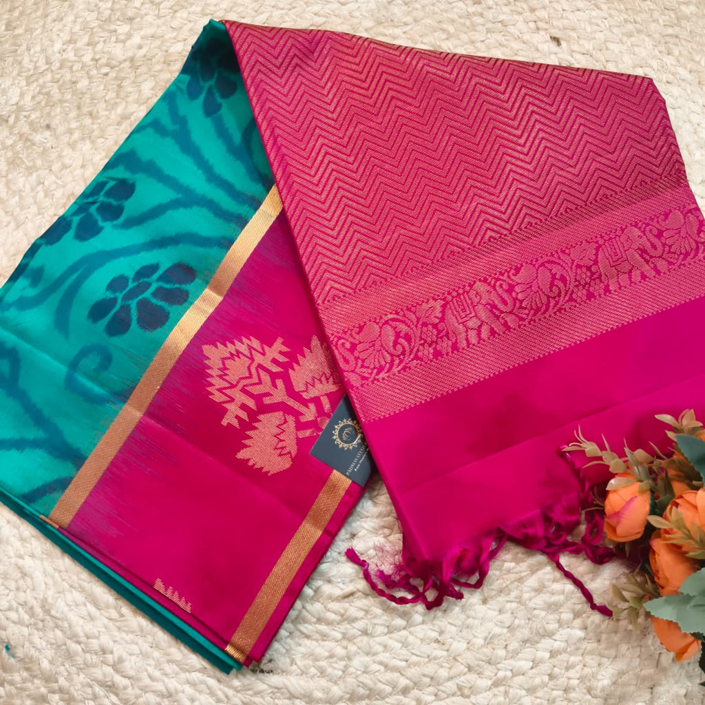 Pochampally Pure Soft Silk Saree – Blue and Rani Pink Contrast